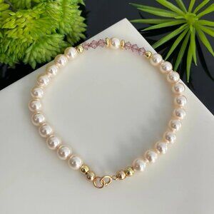 Gold Filled 6mm Swarovski Cream Pearl & 4mm Amethyst Bicone Beads Bracelet